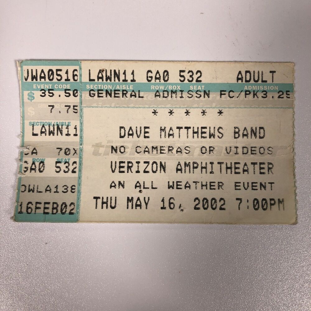dave matthews band ticket stub May 16th 2002 5/16/02 Verizon Amphitheater CA